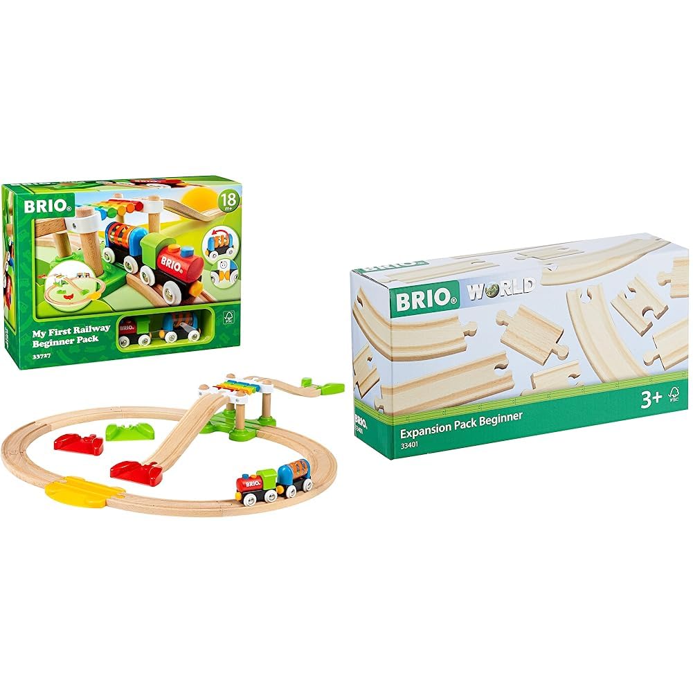 BRIO World 33727 Mein erstes Bahn Spiel Set & World 33401 Kleines Schienensortiment - 11 Schienen aus Buchenholz Holzeisenbahn - Empfohlen für Kinder ab 3 Jahren