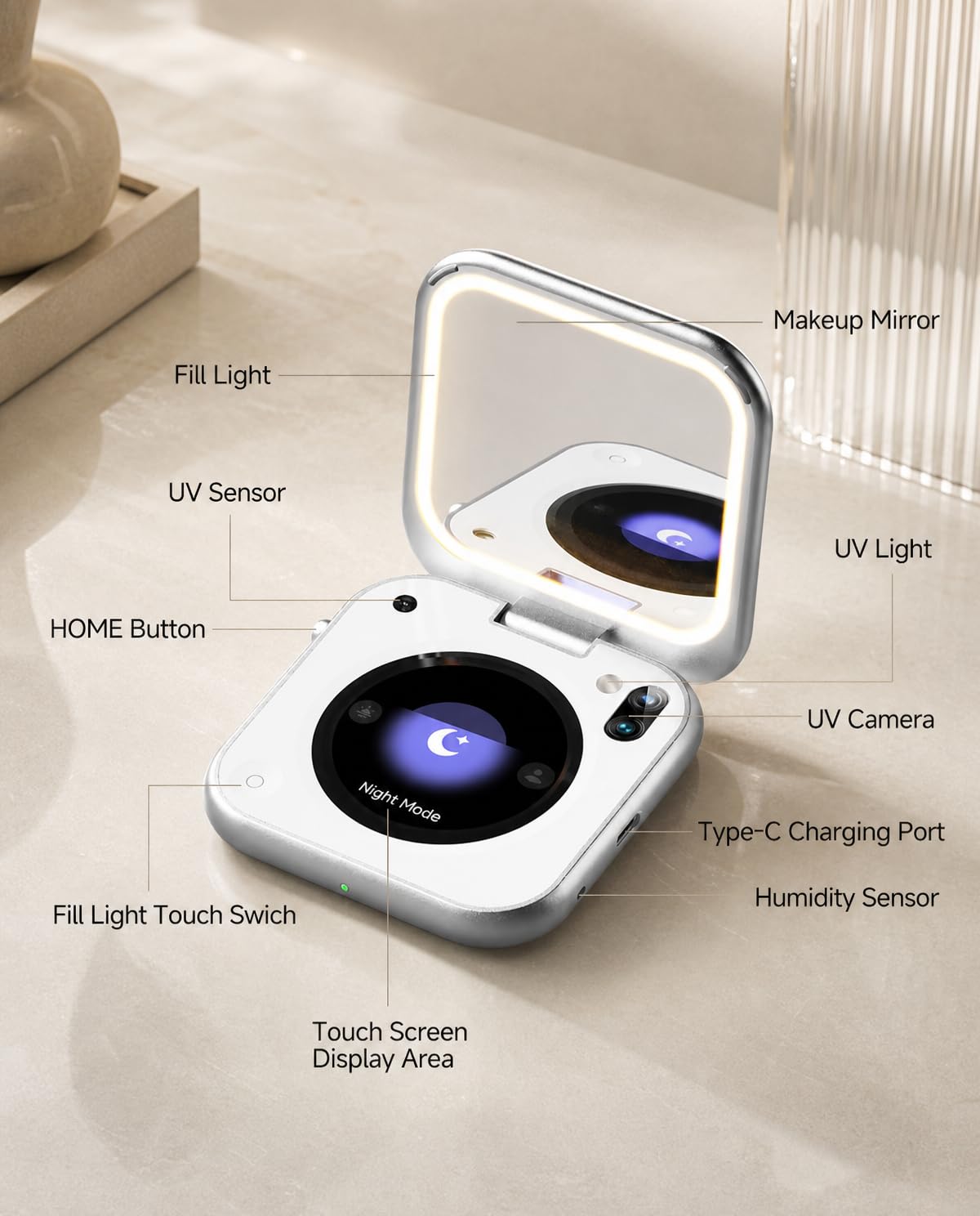 inewme UV-Kamera-Make-up-Spiegel, LED-Kompaktspiegel für Sonnenschutz-Check
