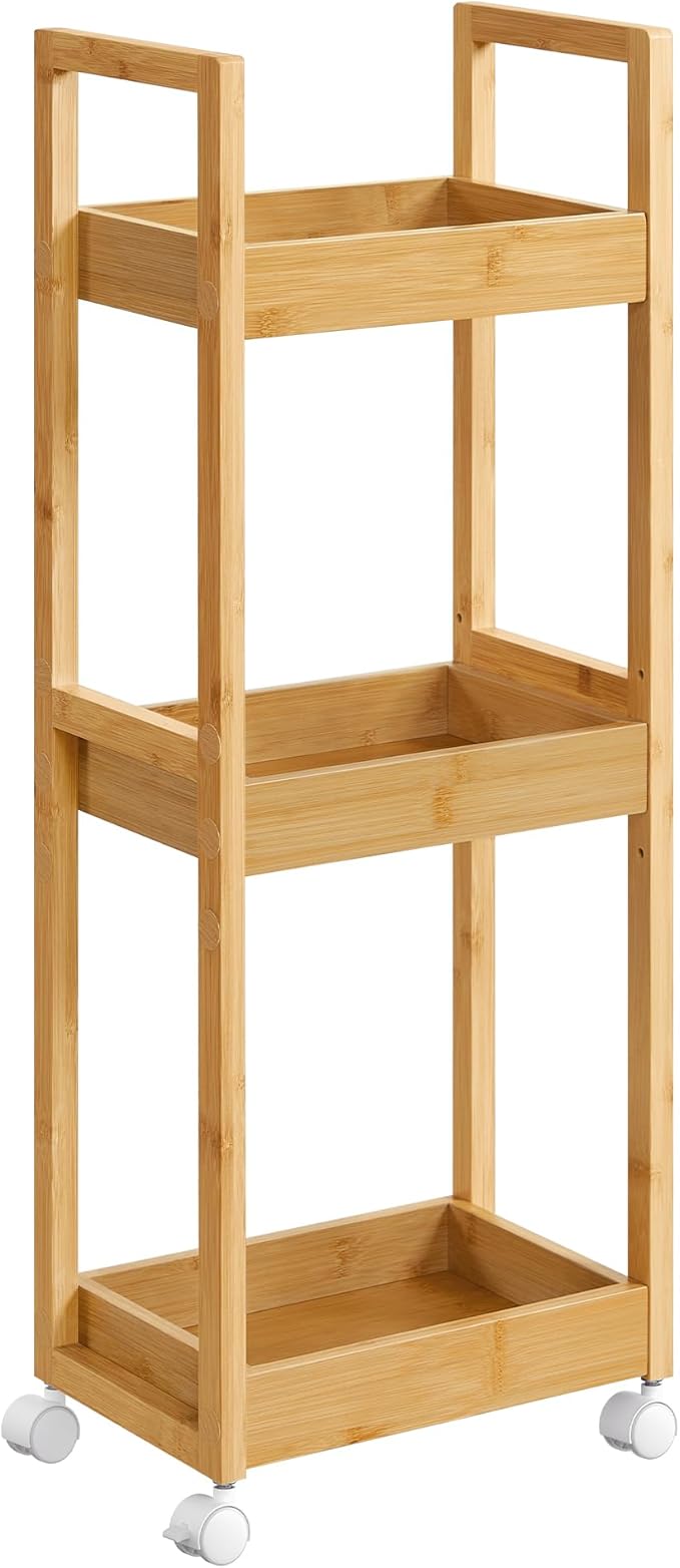 SONGMICS Rollwagen, Badregal, Badezimmerregal mit 3 Ebenen, Nischenregal Bambus, Regal schmal, Nischenwagen auf Rollen, platzsparend, 20 x 30 x 80 cm, naturbeige BCB083N01 SONGMICS Rollwagen, Badregal, Badezimmerregal mit 3 Ebenen, Nischenregal Bambus, Regal schmal, Nischenwagen auf Rollen, platzsparend, 20 x 30 x 80 cm, naturbeige BCB083N01