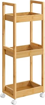 SONGMICS Bathroom Trolley, Slim Bathroom Shelf, 3-Tier Storage Trolley on Wheels, Bamboo, Space-Saving, 20 x 30 x 80 cm, Natural Beige BCB083N01