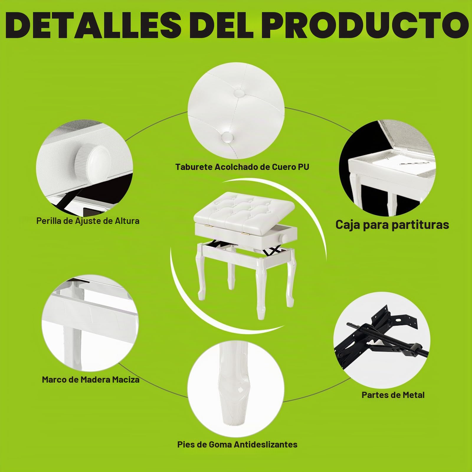 Banco de Piano de Cuero PU Engrosado con 10 Botones, Patas Curvas de Madera Maciza Ajustable en Altura, Blanco con Compartimento Almacenamiento