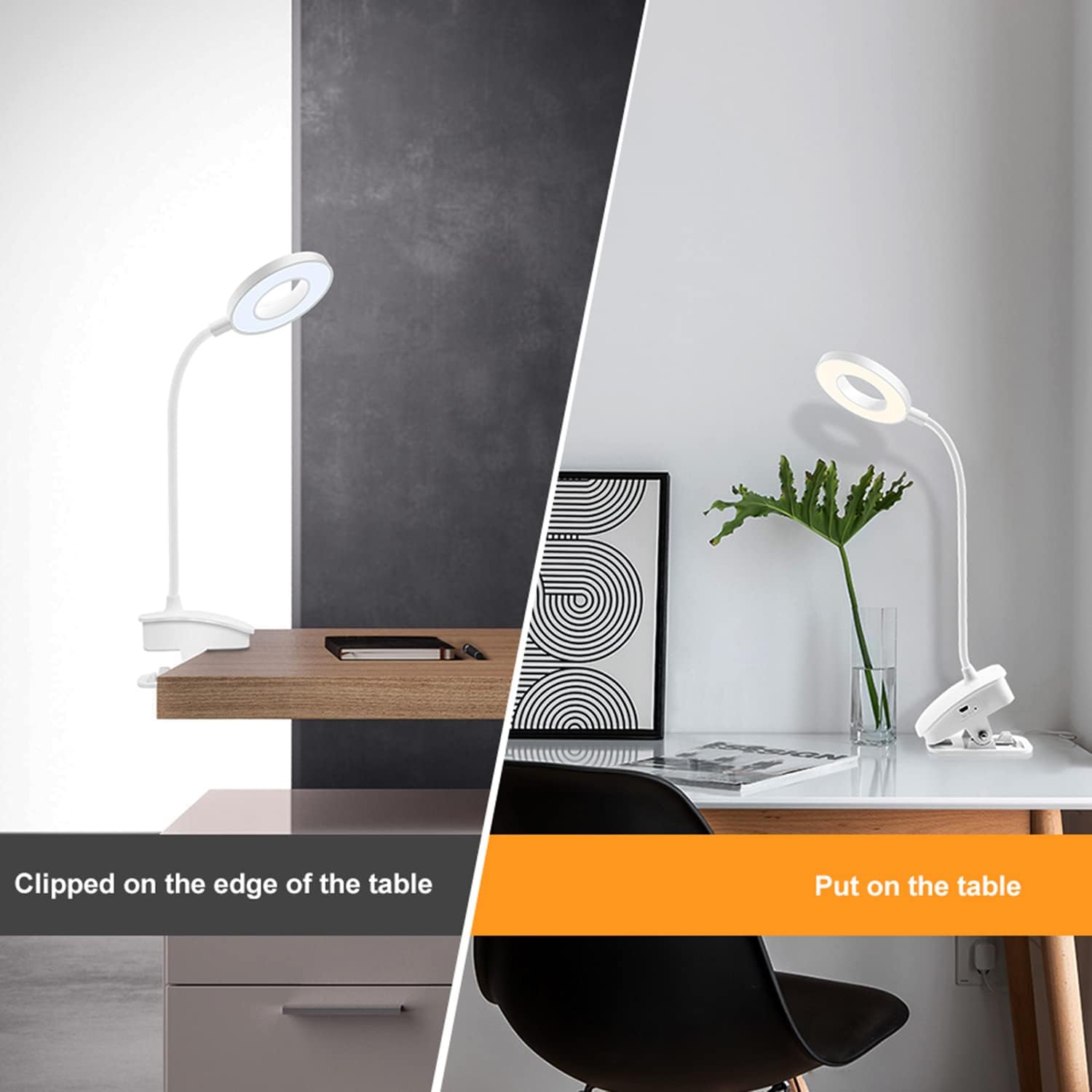 Recharge LED Desk Lamp with Clip Eye-Caring LED Light,3 Color Lighting Dimmable,Power by USB Port 5W 360° Adjustable Flexible LED Clamp Reading Light for Home Office