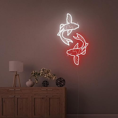 Miniatura 6 de Koi Fish - Letrero de neón hecho a mano, dos blanco y rojo grabado en 3D, lámpara de noche de pez Koi de la suerte, tatuaje tradicional, letrero de