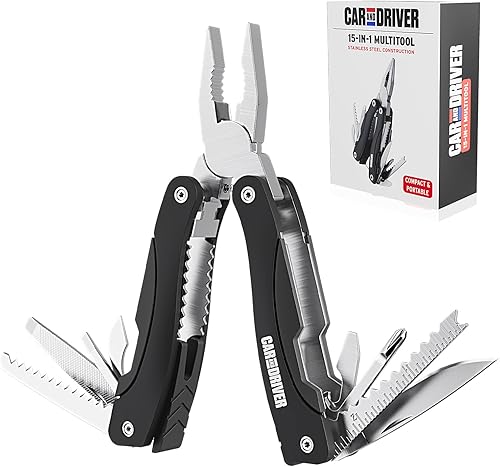Car and Driver CAD-KH1034 Multiherramienta 12 en 1 con linterna LED - Acero inoxidable, recargable por USB, herramienta de bolsillo plegable