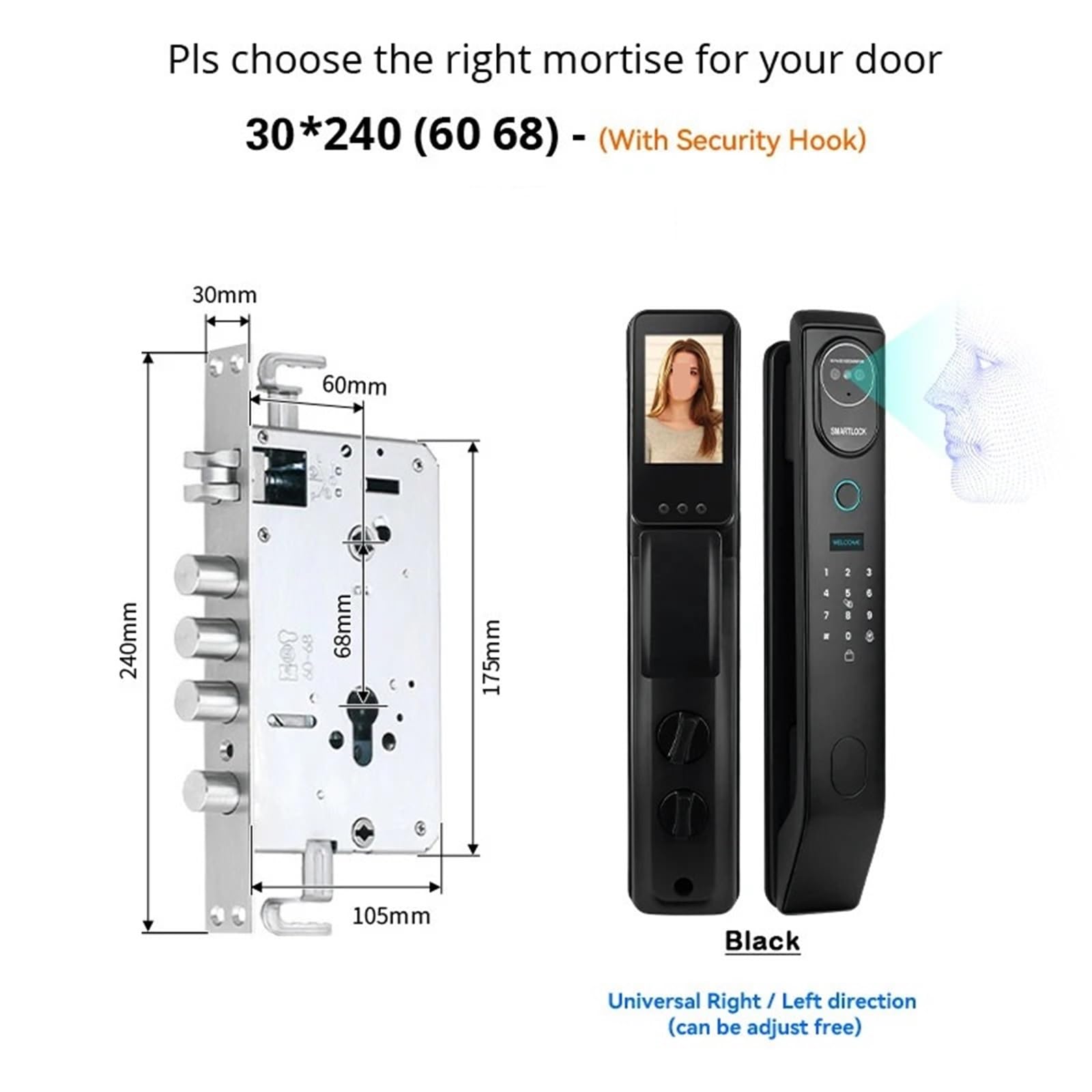 Serratura Smart, 3D Face Smart Door Lock Telecamera di sicurezza Intelligent Fingerprint Password Sblocco chiave elettronica biometrica for la casa,per camere da letto, uffici e hotel(V8 6068R)