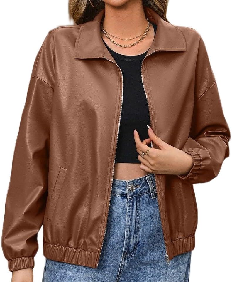 Generic Design Jacket for (Couleur : Brown) (SIZE: S) (UK/AU SIZE: 6) Womens Casual PU Leather Long Sleeve Zip up Coats Jacket Biker Pocket Loose Tops
