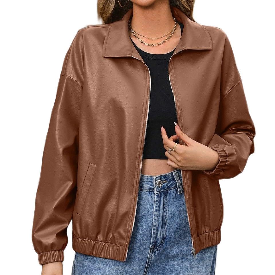 Veste en cuir PU marron à fermeture éclair, manteau souple et coupe ample XL