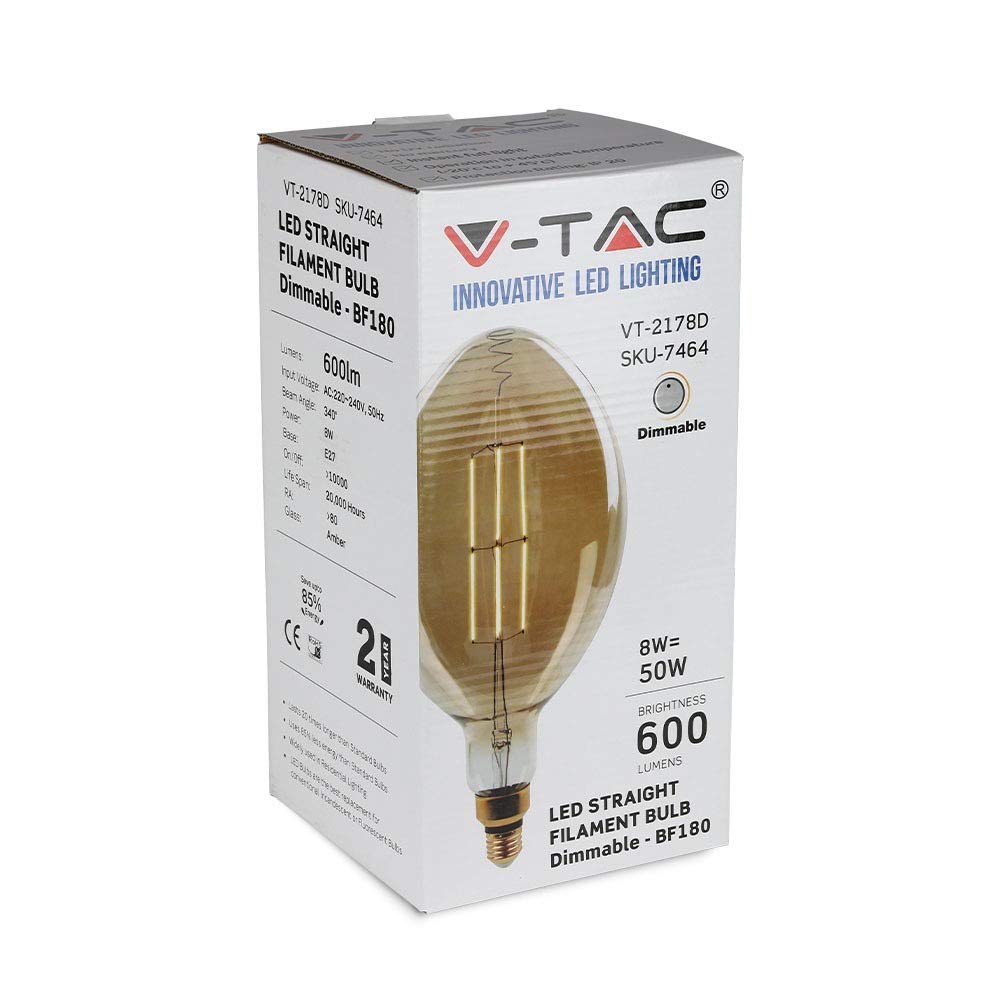 V-TAC Lampadina LED E27 8W BF180 Filamento Ambrato 2000K Dimmerabile