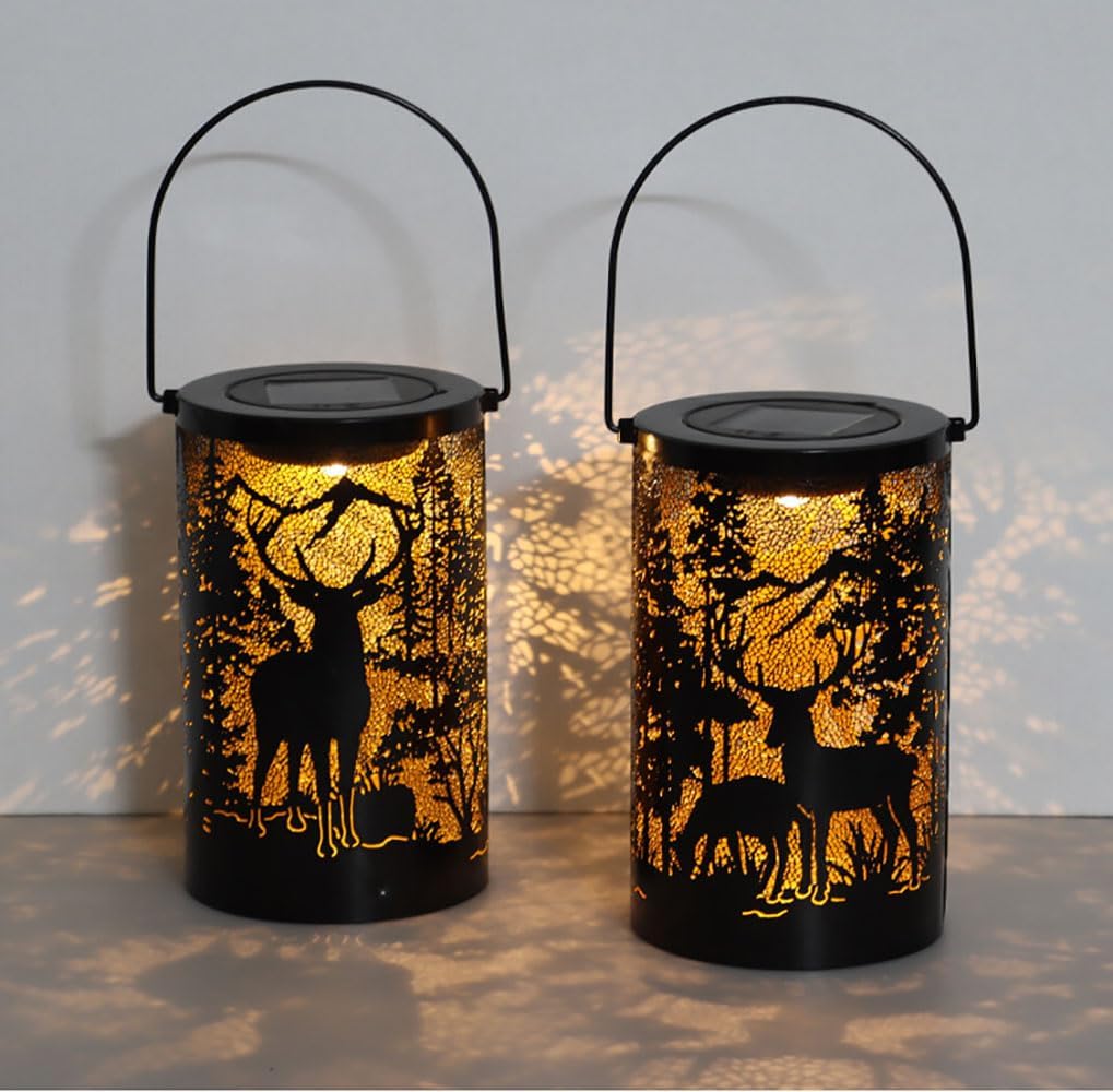 1-Pack Solar LED Lantern Outdoor Hanging Lamp Wrought Iron Deer Solar Light Etching Hollow Lamp Projection Camping Atmosphere Garden Landscape Light for Garden, Walkway, Patio
