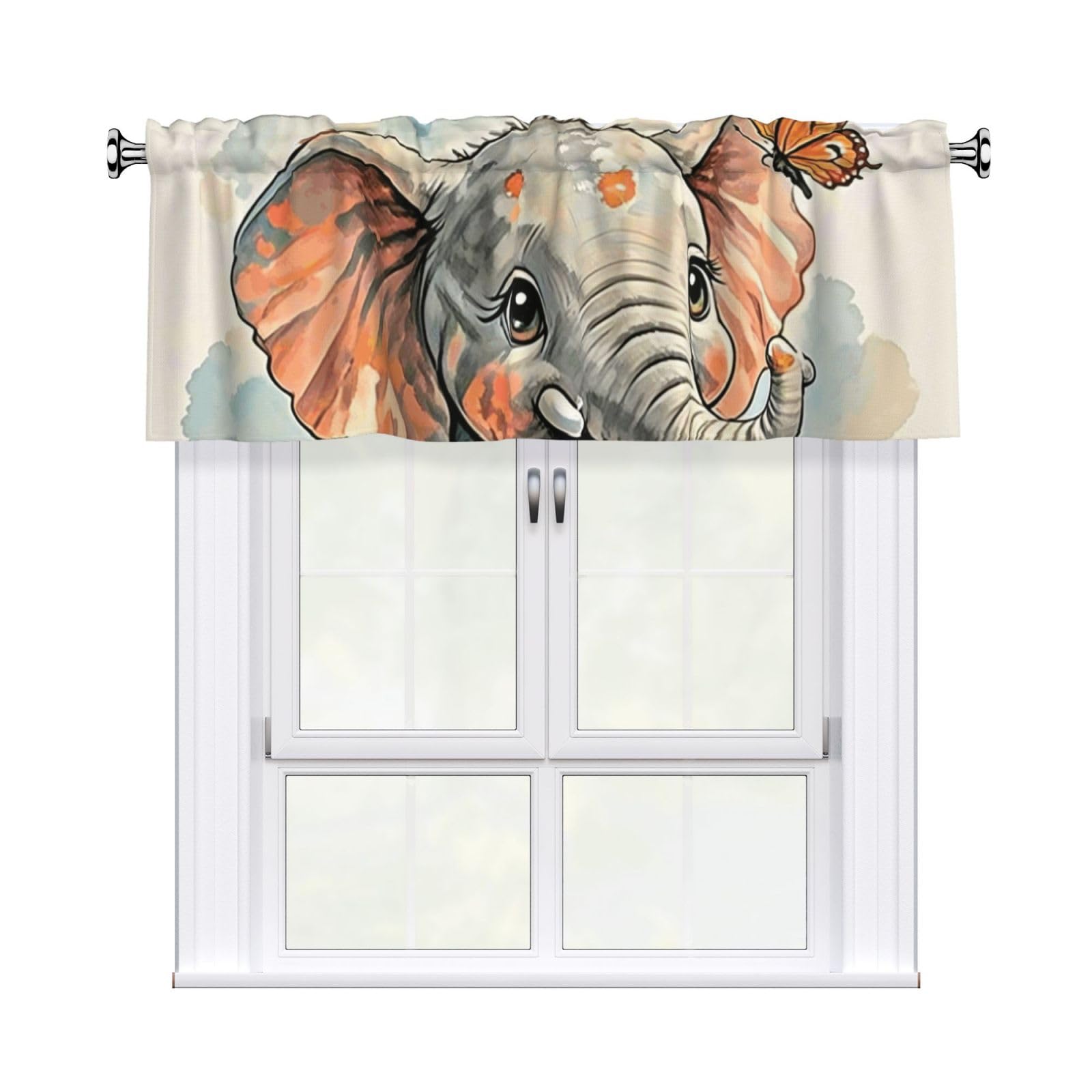 FekiLoot Elephants Curtain Valance for Windows, Kitchen Window Valances Rod Pocket Window Treatments Short Curtains Drapes for Bathroom Bedroom Cafe Decor 54x18inch 1 Panel