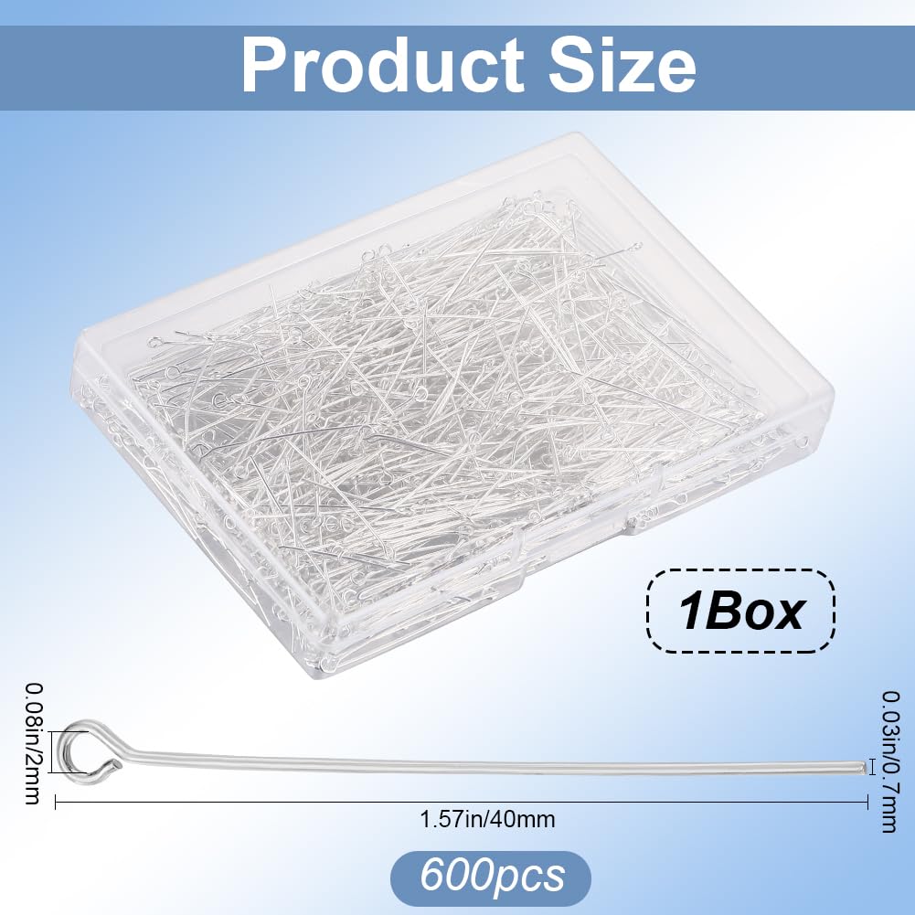 SOFPLATE 1 Box 600Pcs Silver Eye Pins Bulk Jewelry Eyepins 40mm Long Headpins Brass Eye Pin Open Head Pins Findings for Jewelry Making Accessories DIY Necklaces Bracelets Earrings Crafts Supplies