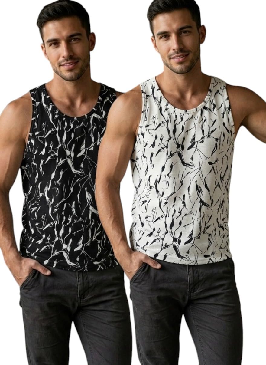 Men's Abstract Print Tank Top, Sleeveless Round Neck Vest, Black and White, Pack of 2-image-41