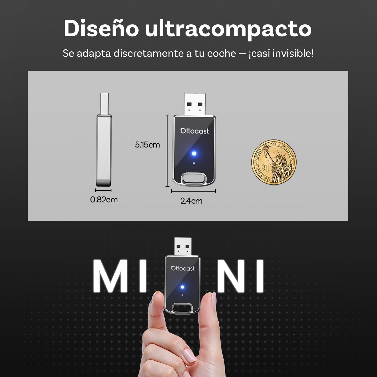 (Nuevo Modelo 2025) OTTOCAST Adaptador Inalámbrico 2 en 1 Carplay Android Auto, OTTO CAST Mini Edge para iOS 10+ y Android 11+, Plug & Play para Coches con Carplay/Android Auto de Fábrica con Cable