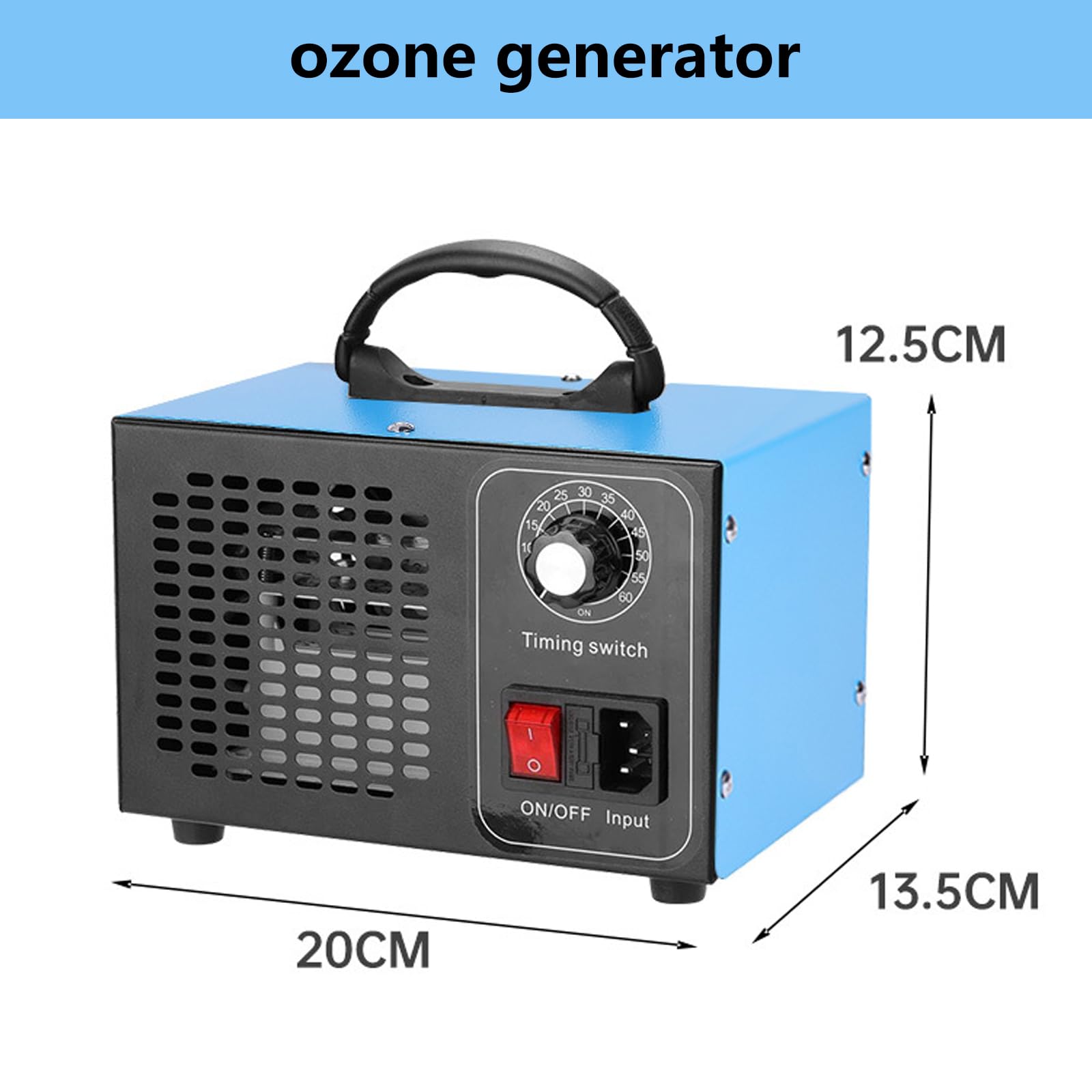Generator ozonu 20 × 13,5 × 12,5 cm, 60000 mg/godz.: niebieskie urządzenie ozonowe, uniwersalny ozonizator, elektryczny, do samochodu, mieszkania, kuchni, obszaru zwierząt domowych, wytrzymały