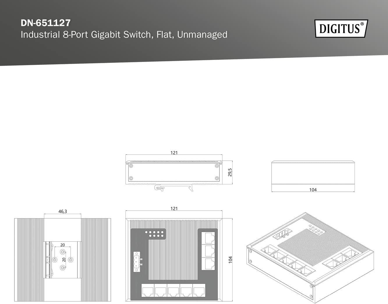 DIGITUS Flat Network Switch - 8-port gigabit Ethernet - DIN rail mounting - terminal strip - fanless - black/blue