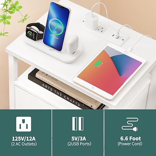 Miniatura 5 de Yoobure Night Stand with Charging Station, 16 Colors LED Nightstand with USB Ports and Outlets, End Table with 3 Fabric Drawers and Storage Shelf,