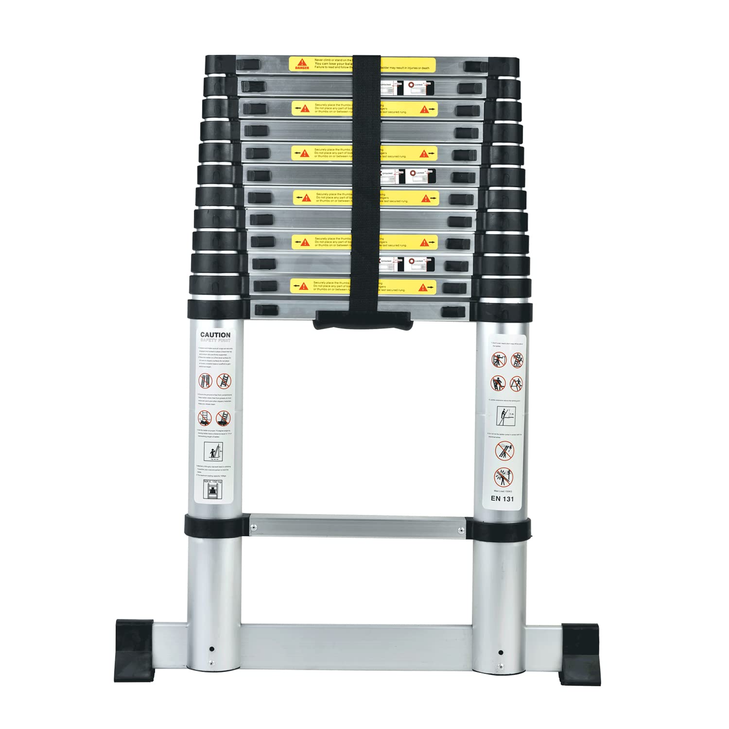 3,8M Teleskopleiter mit Stabilisator, Rutschfester Klappleiter Aluminium Ausziehleiter Mehrzweckleiter, 150 kg Belastbarkeit