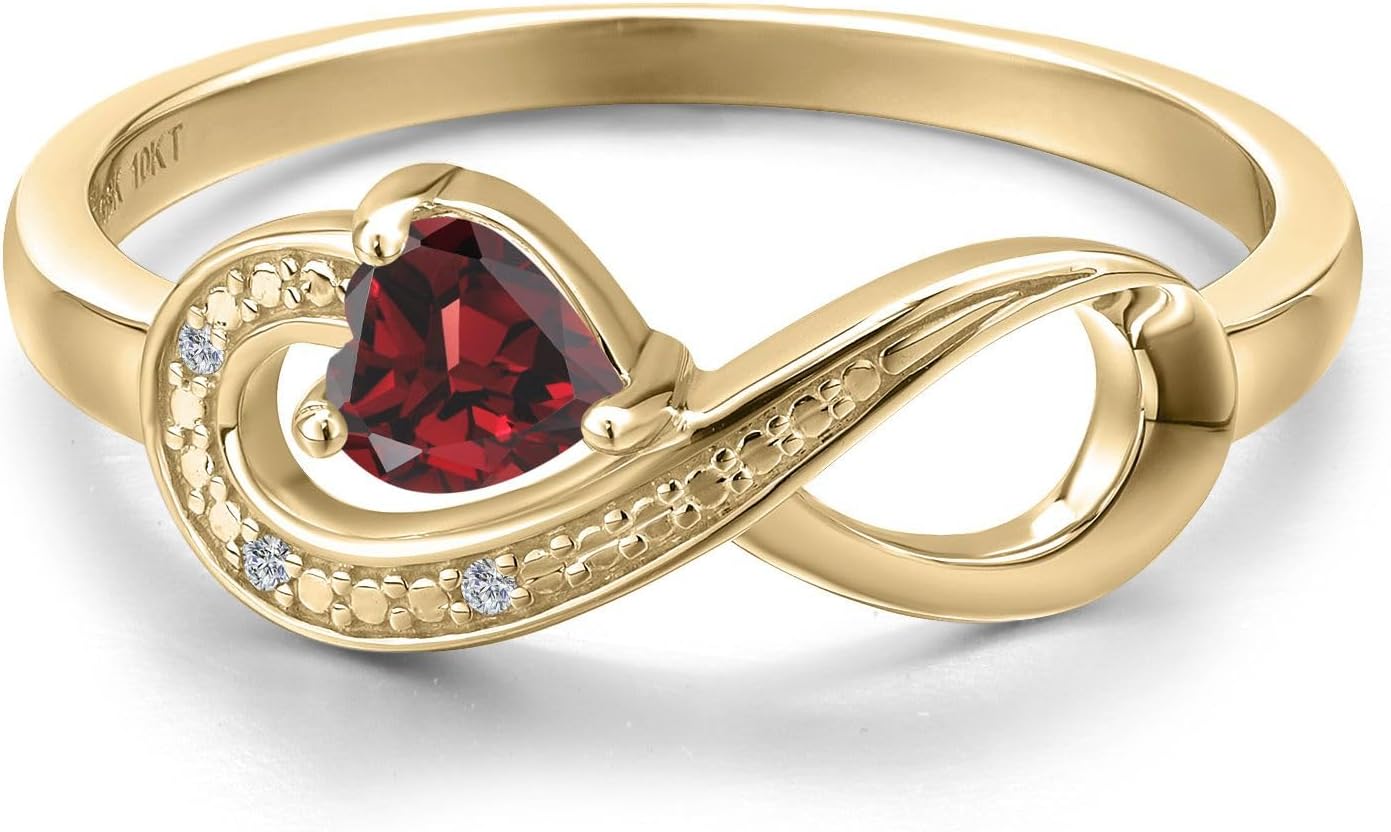 Gem Stone King 10K Yellow Gold 4MM Heart Gemstone Birthstone & White Diamond Accent Infinity Ring | Heart Shape Wedding Engagement Anniversary Promise Gold Ring For Women