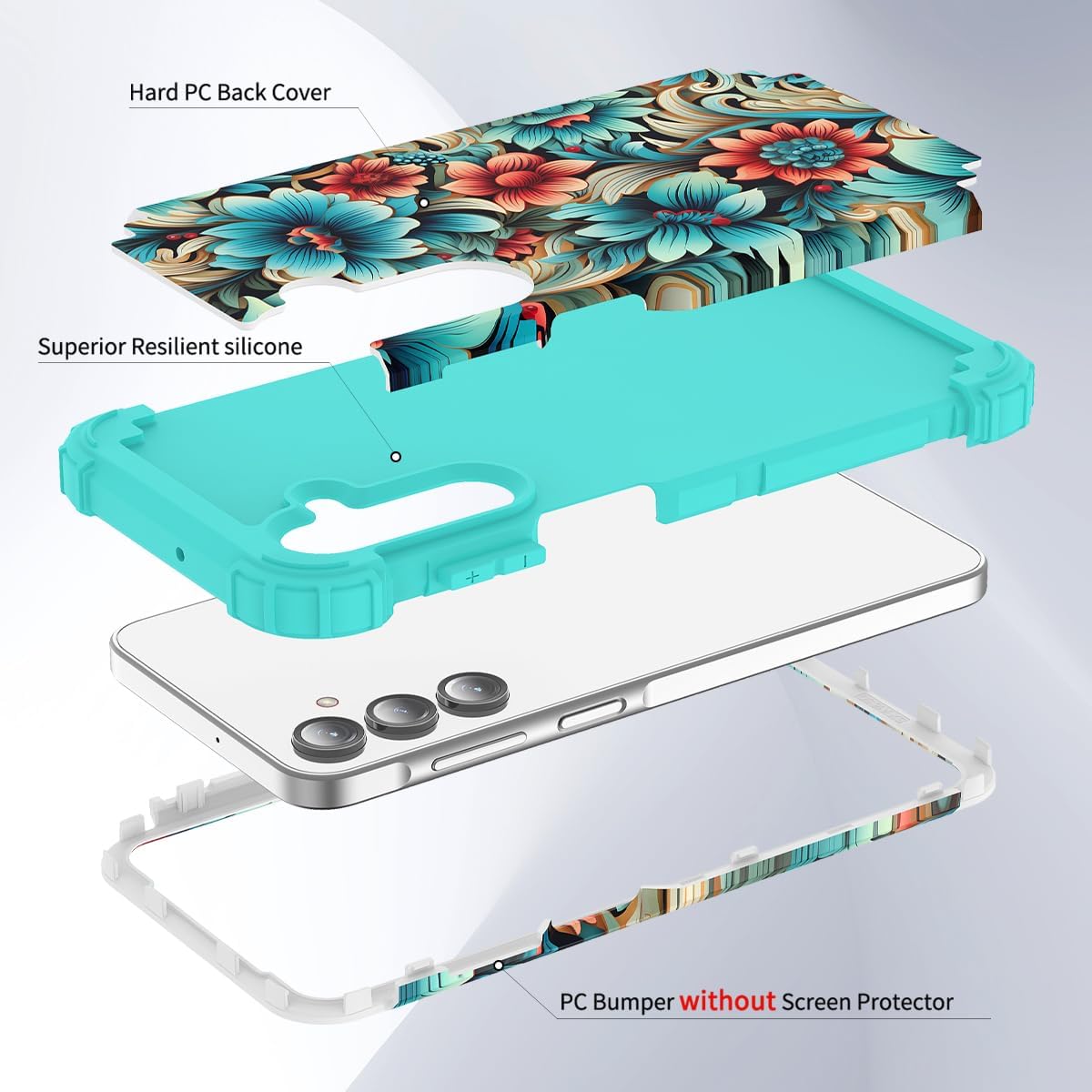 Compatible with Galaxy A16 5G Case,3 in 1 Oil Painting Flower Pattern Heavy Duty Shockproof Protection Silicone Rubber Bumper+Hard Plastic Protective Cover for Samsung A16 6.7",Blue Flower - Image 5