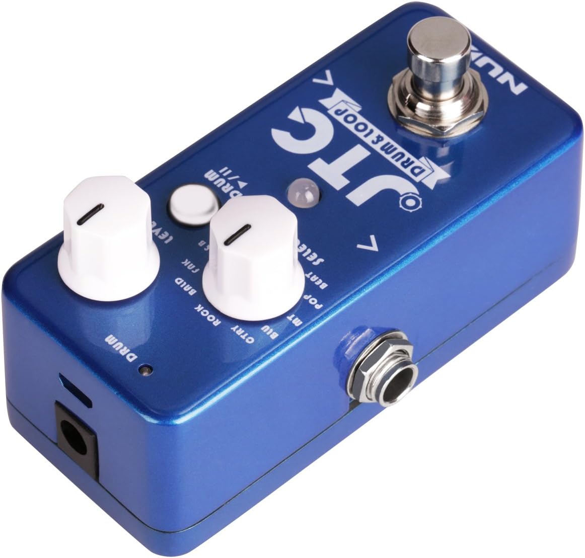 NUX JTC Mini Guitar Looper Drum Machine side view with input and output jacks