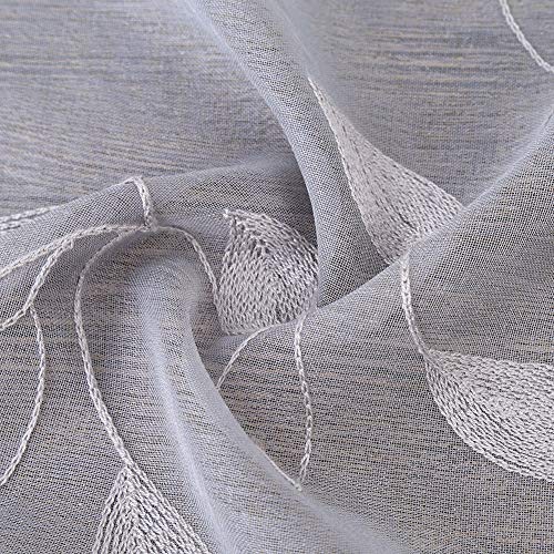 Hperlare Sheer Curtains Embroidered Tier Curtains, 45 inch Length Kitchen Cafe Curtains, Leaves Embroidery Window Treatment Rod Pocket Drapes for Living Room, Grey, Set of 2