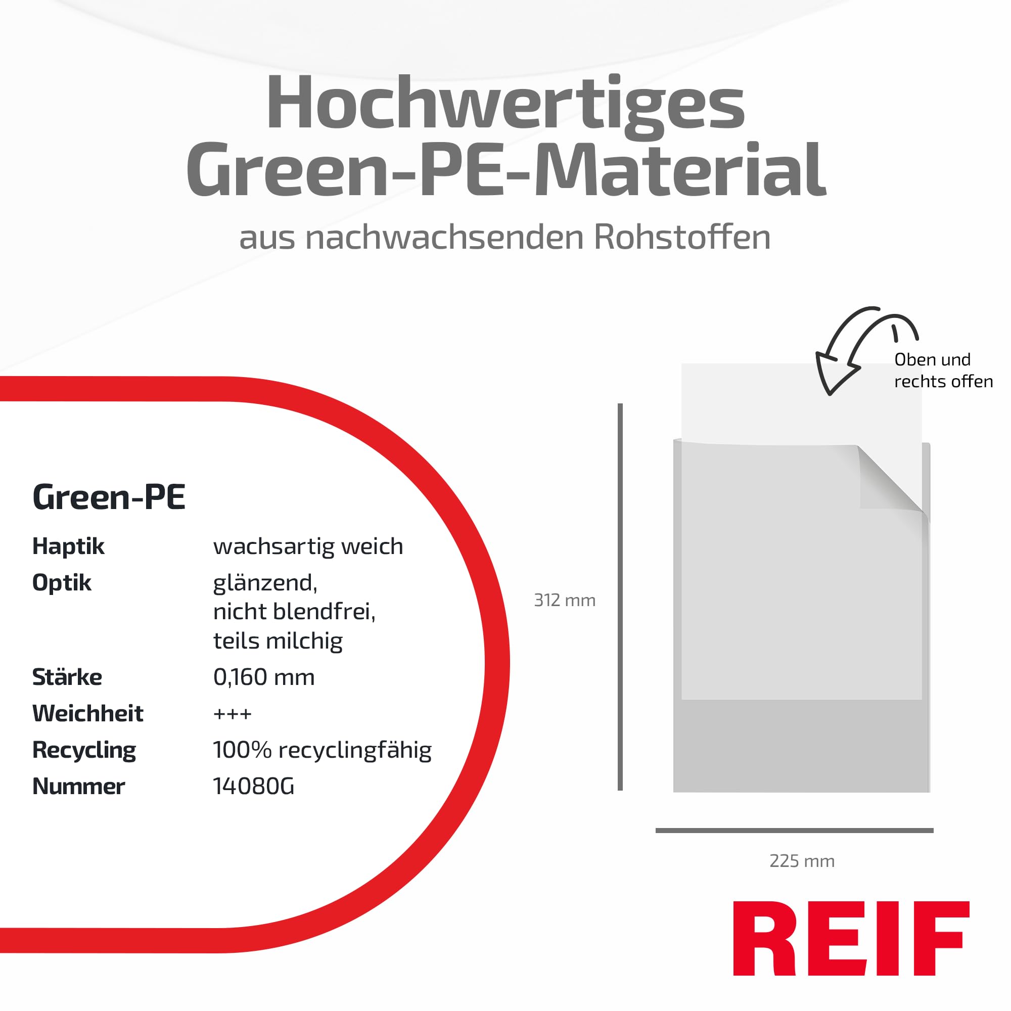 14080G Sichthülle A4, 100 Stück aus Green-PE Stärke 0,160 mm, dokumentenecht, oben und seitlich offen, Dokumentenhülle für bis zu 100 Blatt, Made in Germany