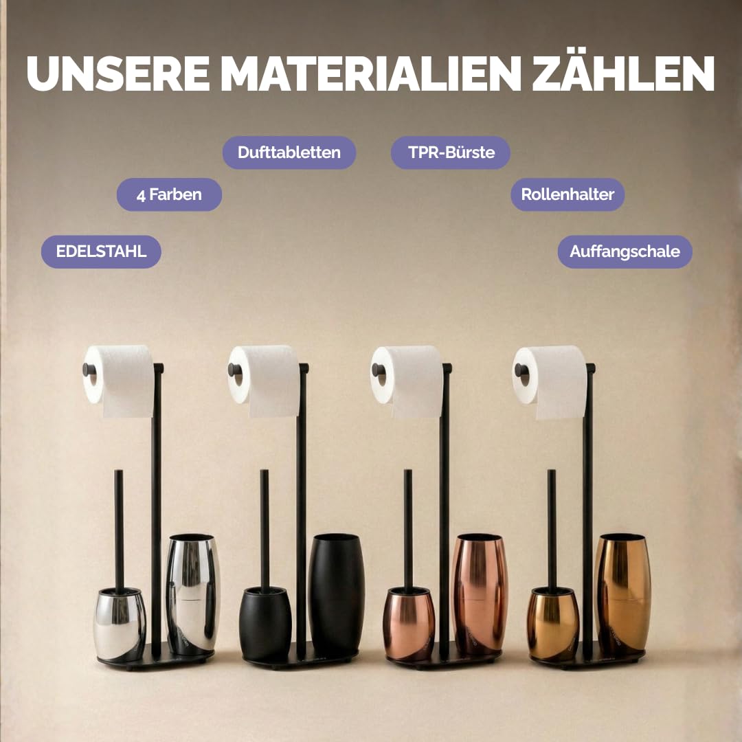 WC-Bürste mit Toilettenpapierhalter 3-in-1 – Chrom – Includes 14 Scent Tablets – Anti-Splash Design – Self-Cleaning – Freestanding Stainless Steel Toilet Paper Holder (Silberoptik)