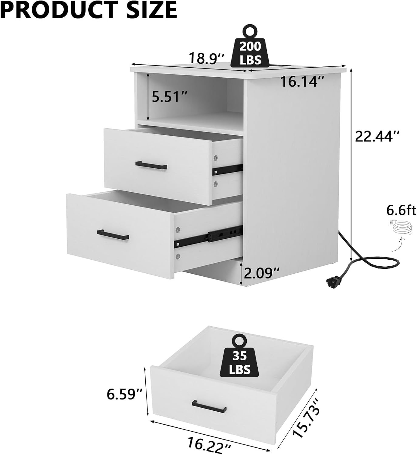 Night Stand with Charger Station, Modern Nightstand with USB Type-C Ports and AC Outlets, Large Bedside Table with 2 Drawers and Open Storage, Wooden End Table for Bedroom (White, 2 Drawers)