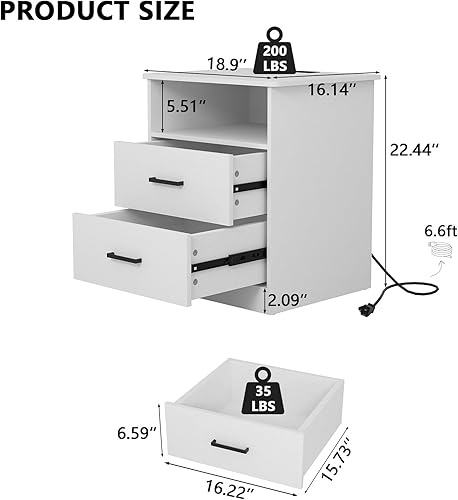 Miniatura 2 de Mesita de noche con estación de carga, moderna mesita de noche con puertos USB tipo C y salidas de CA, mesita de noche grande con 2 cajones y