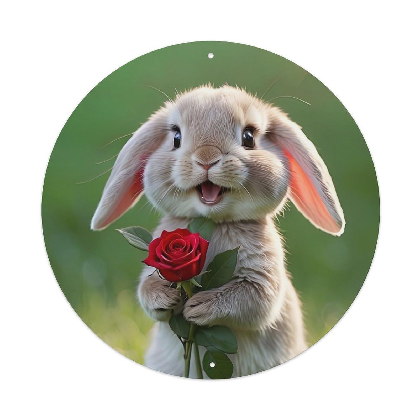 Animal with Cute Rabbit Holding Rose Metal Tin Sign