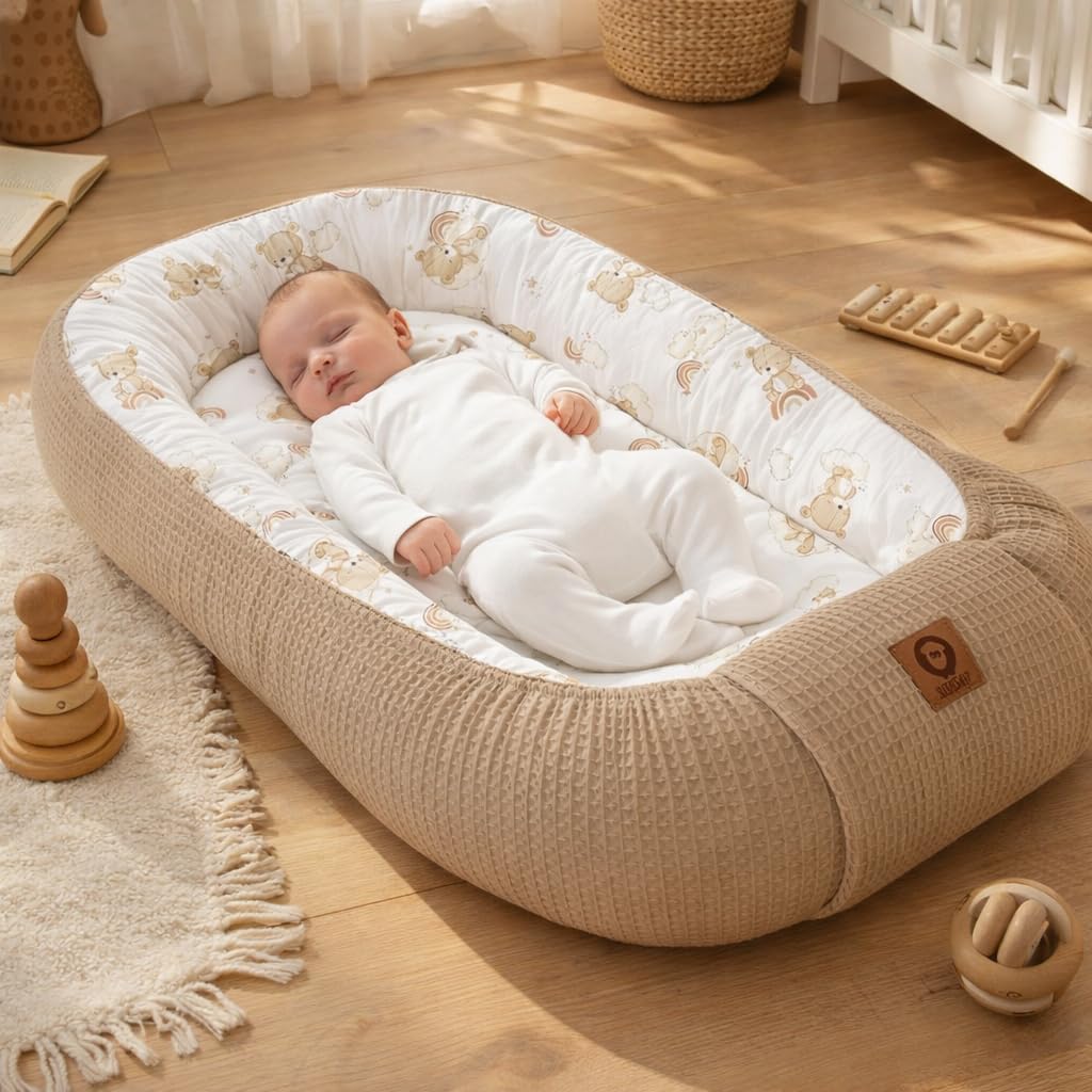 Babynestchen Neugeborene – Nestchen Baby aus Waffel Baumwolle & Baumwollstoff – Babynest für Babybett & Kinderbett – Baby Kokon Tragbar – OEKO-TEX zertifiziert – Zubehör für Babybett - Teddy und Braun