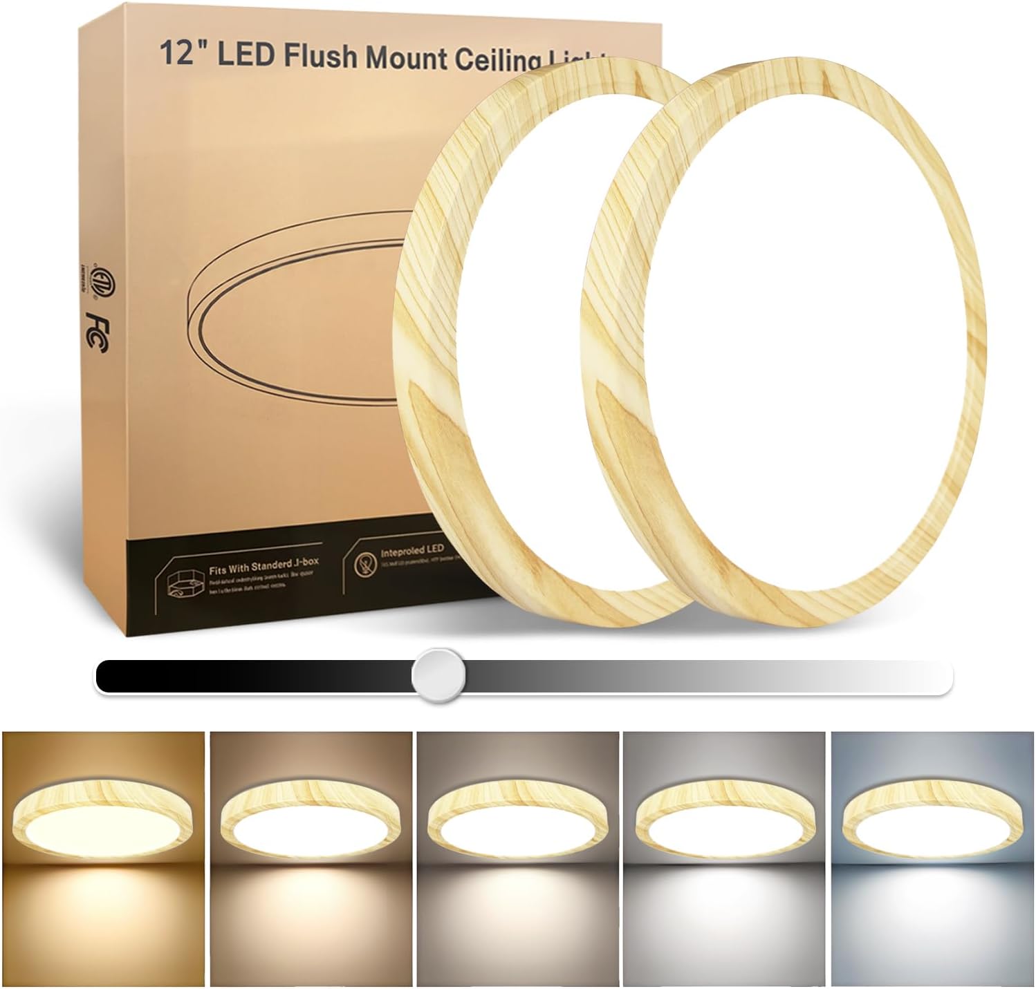 2 Pack 12 Inch Wood Grain LED Flush Mount Ceiling Light, 25W, 3000LM, CRI 95+, 2700K-5000K 5-Color Selectable & Dimmable, Thin Flat Surface-Mounted Fixture for Laundry, Hallway, Living Room
