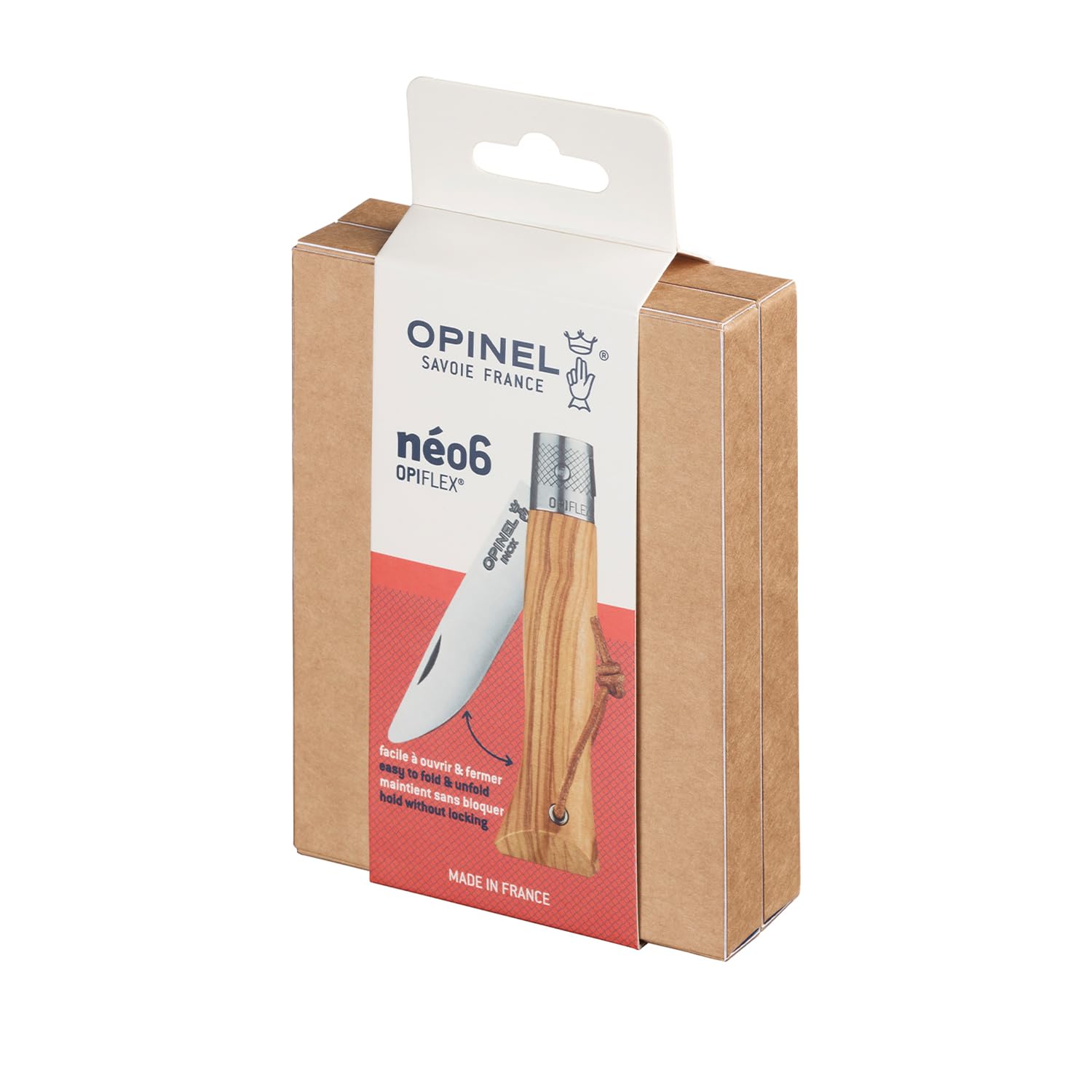 OPINEL - neo6 Opiflex Olivier - Coltello Tascabile Tradizionale - Lama 7 cm in Acciaio Inox, Manico in Legno d'Ulivo Verniciato a Grana Mediterranea, OPIFLEX Senza Blocco, Laccetto in Pelle