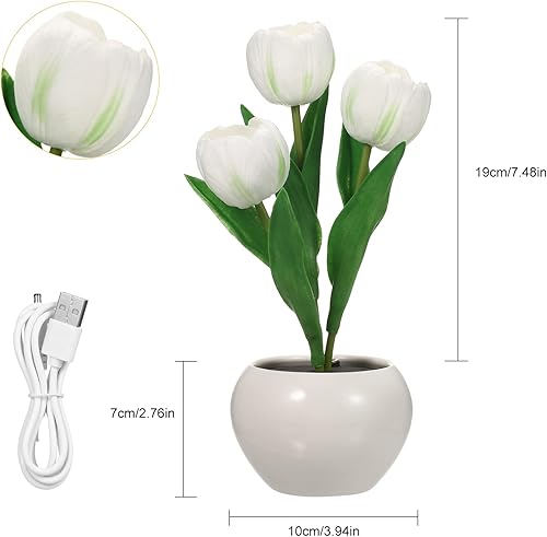 Miniatura 5 de Neoglint Lámpara de tulipán decorativa para interiores, lámpara de maceta para flores, luz nocturna ambiental, regalo de planta en maceta (blanco -
