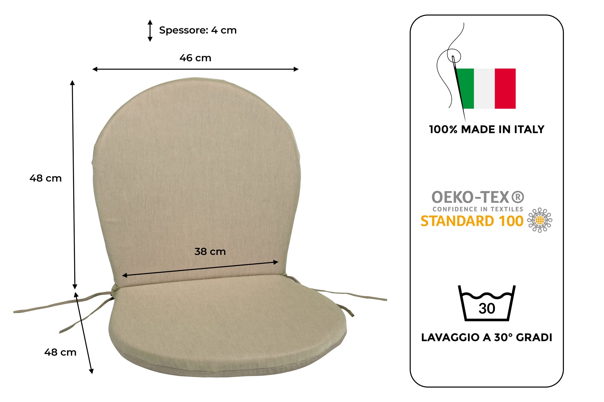 GHIOCUSCINI | Set di 2 Cuscini da Esterno per Sedia Ronda emu, Colore LINO in Tessuto Acrilico Dralon, Sfoderabile, 96 x 46 cm, Alto 4 cm, Made in Italy