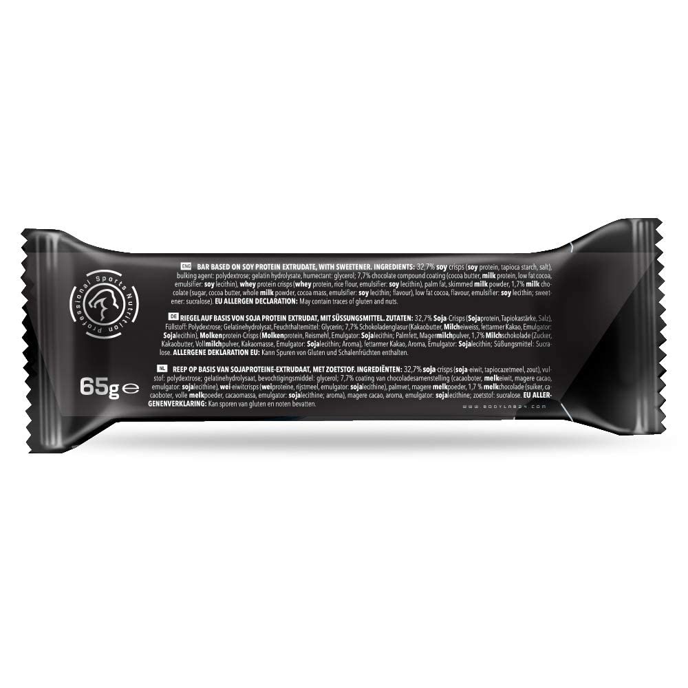 Bodylab24 Crispy Protein Bar Chocolat Crispy 12x65g, barre protéinée avec 27g de protéines par barre, snack fitness pauvre en sucre, barre protéinée croustillante avec beaucoup de fibres
