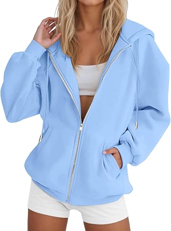 Zip Up Hoodie Women Y2K Sweatshirt Casual Long Sleeve Hoodies Oversized Fall Spring Fleece Jacket with Pockets