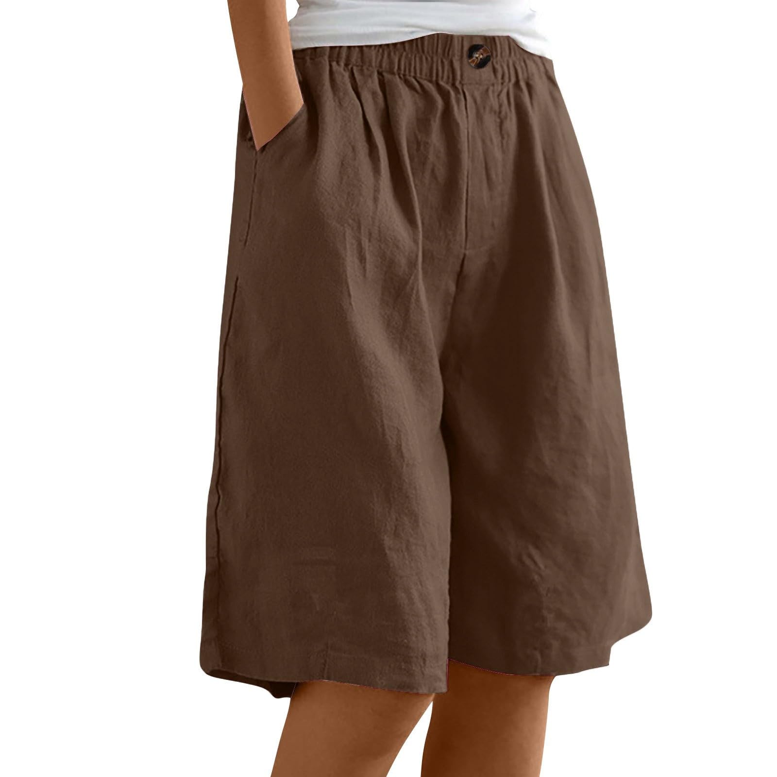 tobchonp Trouser Shorts for Women Summ High Waisted Knee Length Long Linen Shorts Lightweight Long Bermuda Short with Pockets Flowy Baggy Plus Size Capri Pants Summer Vacation Outfits for Women Brown