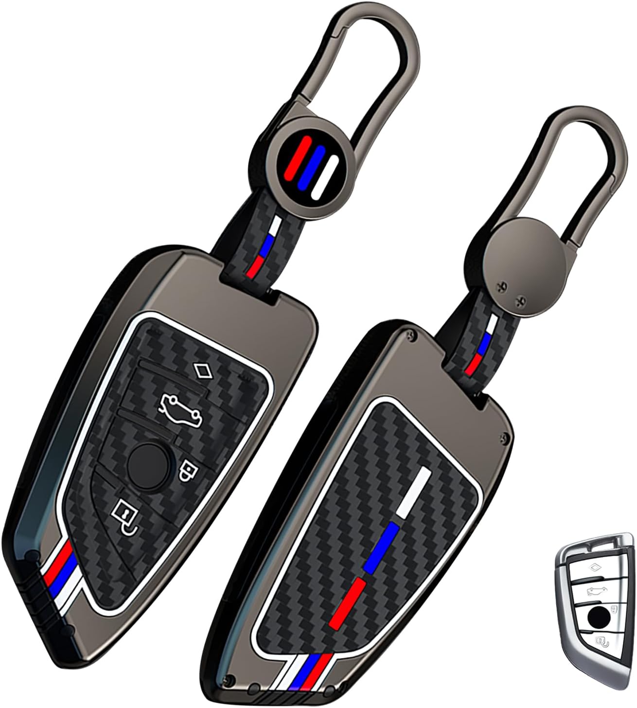 OLLEN Heavy Zinc Alloy Key Fob Cover, Fit for BMW 2 5 6 7 Series X1 X2 X3 X5 X6 GT Series, Full Protection Remote Fob Cover with Carbon Fiber Pattern, Blade Shape, Gunmetal (1 Pcs)