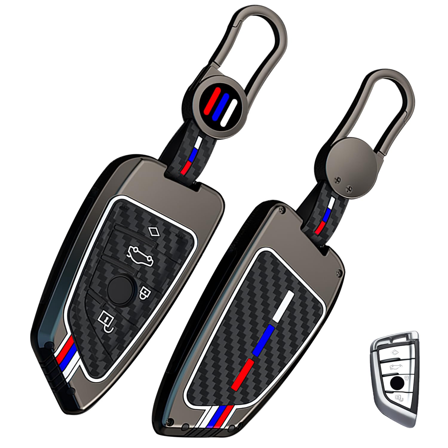 OLLEN Heavy Zinc Alloy Key Fob Cover, Fit for BMW 2 5 6 7 Series X1 X2 X3 X5 X6 GT Series, Full Protection Remote Fob Cover with Carbon Fiber Pattern, Blade Shape, Gunmetal (1 Pcs)