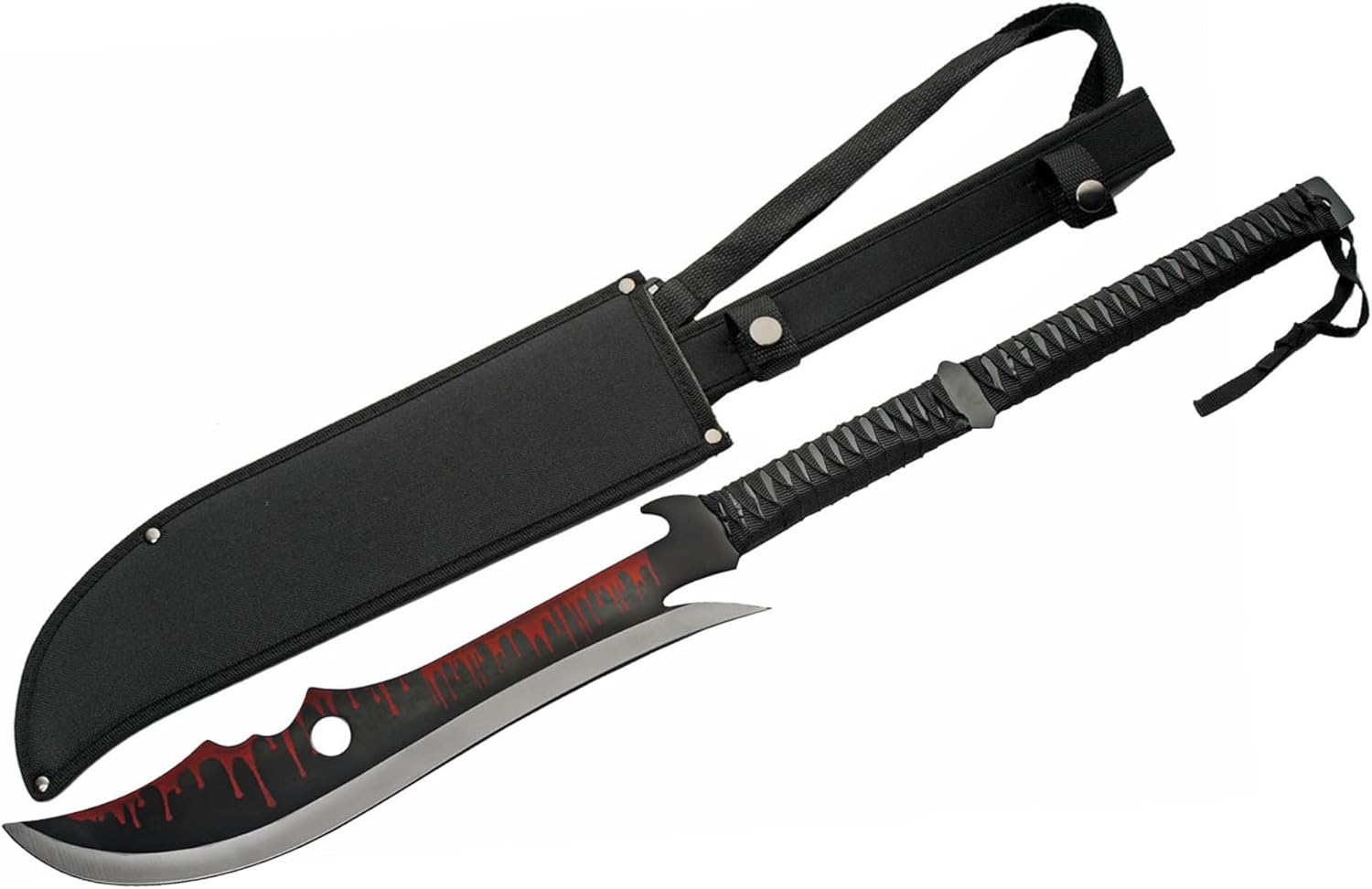 SZCO 27.5” Bloodspike Tactical Machete Knife with Sheath – Full Tang Blade with Blood Splatter Design – Stainless Steel Machete with Fabric-Wrapped Handle for Camping, Hunting, and Outdoor Use