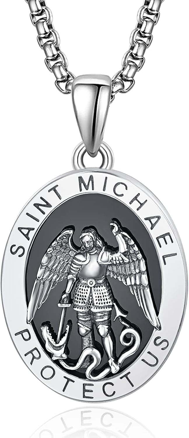 KINGWHYTE 925 Sterling Silver St Michael Necklace Men St Christopher Pendant Women St Benedict Medal Virgin Mary Necklace Amulet Necklace Catholic