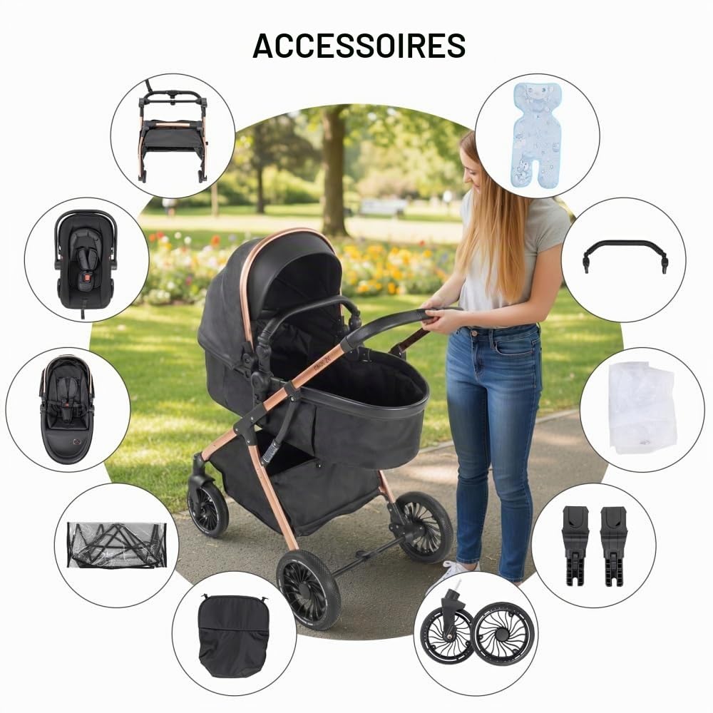 Poussette 3 en 1 pliable avec mode berceau et roues tout terrain | Dossier inclinable modulable, adapté aux nouveau-nés et tout-petits avec accessoires fournis,Noir