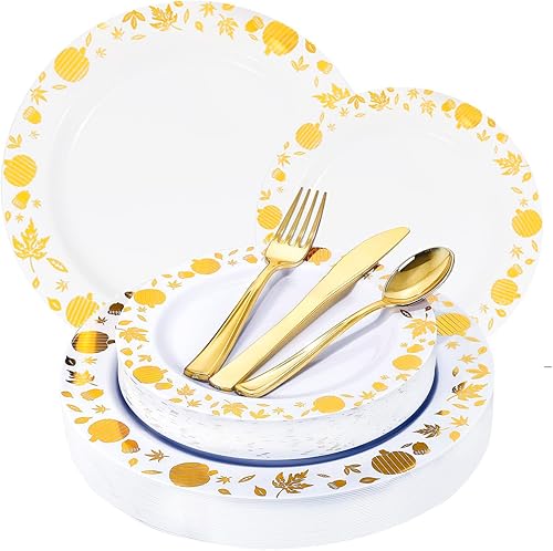 WDF 150 platos de Acción de Gracias, cubiertos de plástico dorado, juegos de vajilla para 30 invitados incluyen 30 platos llanos, 30 platos de