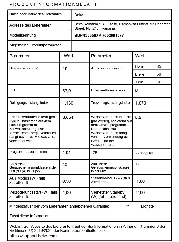 Beko BDFN36550XP Geschirrspüler 60 cm, freistehend und unterbaufähig, für 15 Maßgedecke, 6 Programme, 6 Zusatzfunktionen, 3 Spülebenen, PowerIntense, SilentWash, SelfDry, edelstahl