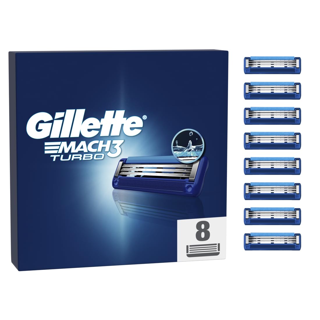 Gillette Mach3 Turbo - Recambios de cuchillas de afeitar para hombre, 3 hojas, 8 recambios de cuchillas, cuchillas más resistentes que el acero