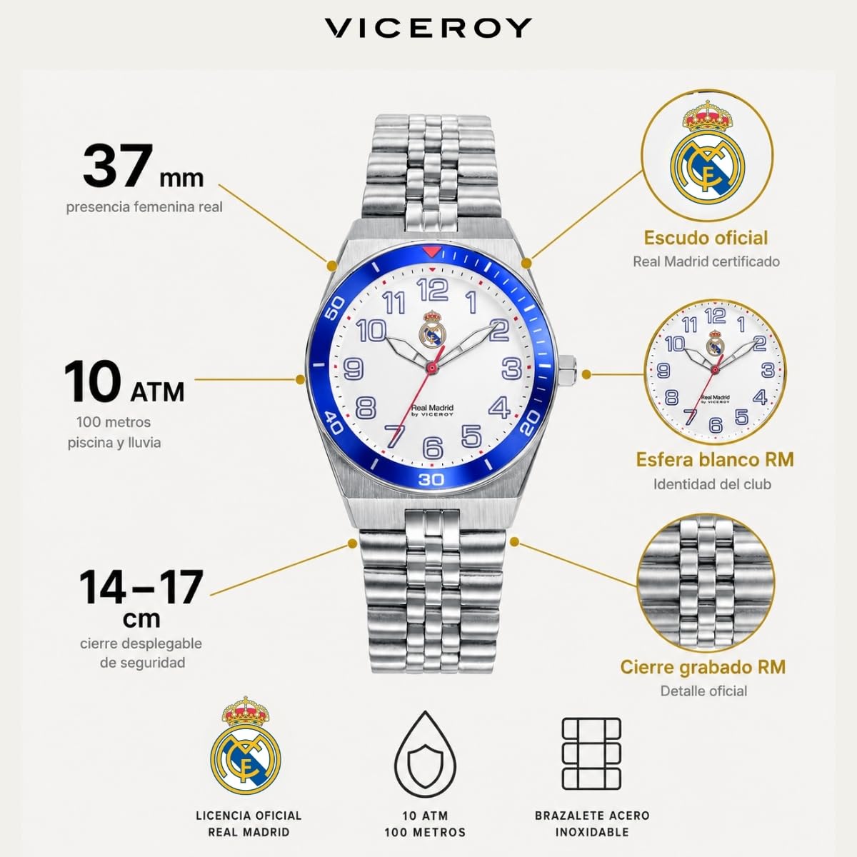 Viceroy Reloj Oficial Real Madrid para Mujer - Licencia Oficial - 37 mm - Esfera Blanca - Resistente al Agua 10 ATM - Talla Cadete - Movimiento de Cuarzo – 41154-05
