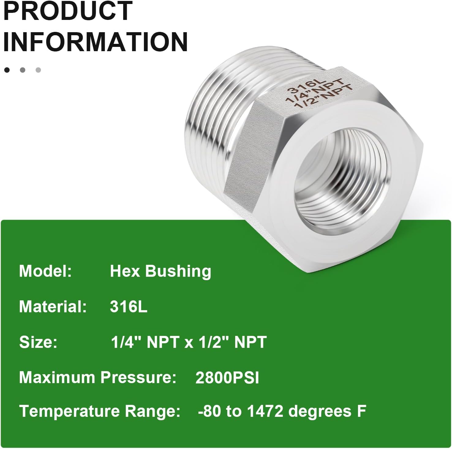 TAISHER 2PCS Forging of 316L Stainless Steel Reducer Hex Bushing, 1/2" Male NPT to 1/4" Female NPT, Reducing Forging Pipe Adapter Fitting