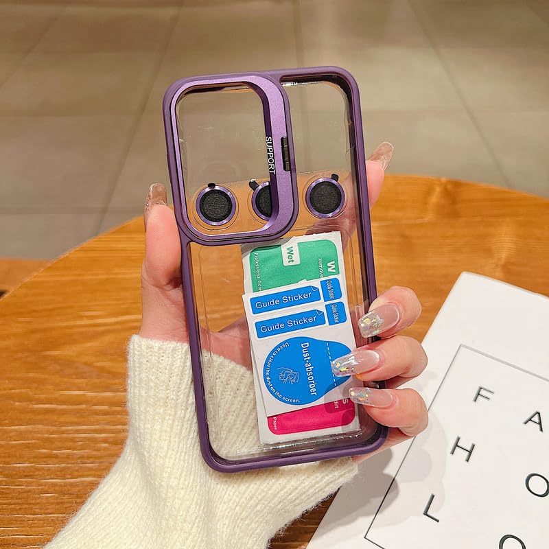 Image of Clear Case for Samsung Galaxy S24 Plus | Metal Lens Protector & 180 Rotating Bracket | Shockproof Transparent Hard Back Cover with Soft TPU Frame - Purple