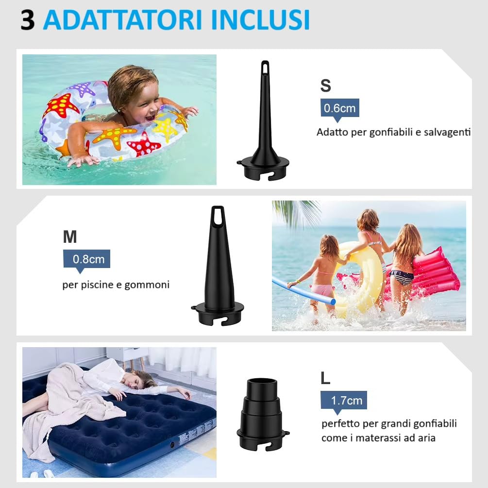 FAVIAN Pompa Elettrica Portatile da campeggio Rapida 5200 mAh – Ricaricabile USB-C – 3,5 Bar – Compatta e Leggera con 3 Ugelli per Materassi, Piscine e gonfiabili
